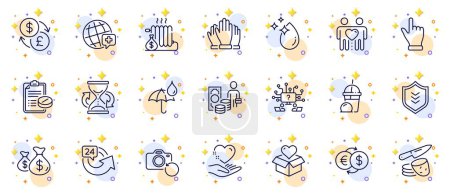 Illustration for Outline set of Radiator, World medicine and Donation line icons for web app. Include 24 hours, Ice cream milkshake, Money exchange pictogram icons. Recovery photo, Waterproof umbrella. Vector - Royalty Free Image