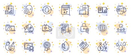 Illustration for Outline set of 5g technology, Face declined and Report line icons for web app. Include Globe, Device, Energy price pictogram icons. Sun protection, Fingerprint lock, Certificate signs. Vector - Royalty Free Image