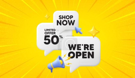 Illustration for We are open tag. 3d offer chat speech bubbles. Promotion new business sign. Welcome advertising symbol. Open speech bubble 3d message. Talk box megaphone banner. Vector - Royalty Free Image