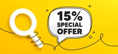 Illustration for 15 percent discount offer tag. Continuous line chat banner. Sale price promo sign. Special offer symbol. Discount speech bubble message. Wrapped 3d search icon. Vector - Royalty Free Image