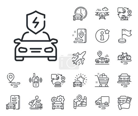 Illustration for EV vehicle charge sign. Plane, supply chain and place location outline icons. Car charging line icon. Electric power shield symbol. Car charging line sign. Taxi transport, rent a bike icon. Vector - Royalty Free Image