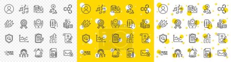 Illustration for Outline Diagram chart, Ranking stars and Creative painting line icons pack for web with Inclusion, Accounting report, Documentation line icon. Music, Survey checklist, Education pictogram icon. Vector - Royalty Free Image