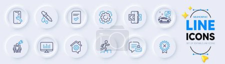 Illustration for Reject medal, Music making and Work home line icons for web app. Pack of Chemistry pipette, Brand ambassador, Phishing pictogram icons. Seo gear, Leader run, Checked file signs. Vector - Royalty Free Image