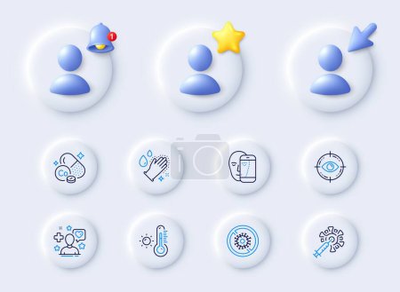 Illustration for Washing hands, Coronavirus vaccine and Face biometrics line icons. Placeholder with 3d cursor, bell, star. Pack of Eye target, Weather thermometer, Cobalt mineral icon. Vector - Royalty Free Image