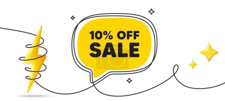 Illustration for Sale 10 percent off discount. Continuous line art banner. Promotion price offer sign. Retail badge symbol. Sale speech bubble background. Wrapped 3d energy icon. Vector - Royalty Free Image