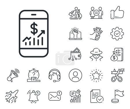 Illustration for Business audit sign. Salaryman, gender equality and alert bell outline icons. Mobile finance line icon. Check investment symbol. Mobile finance line sign. Spy or profile placeholder icon. Vector - Royalty Free Image