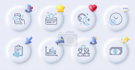 Illustration for Diagram graph, Banking and Sleep line icons. Buttons with 3d bell, chat speech, cursor. Pack of Loan percent, Accounting, Loyalty card icon. Call center, Couple love pictogram. Vector - Royalty Free Image