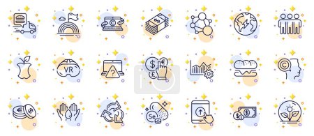 Illustration for Outline set of Selenium mineral, Swipe up and Lgbt line icons for web app. Include Online question, Operational excellence, Integrity pictogram icons. Burger, Safe water, Money currency signs. Vector - Royalty Free Image