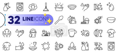 Illustration for Outline set of Cleaning service, Dish plate and Wash hands line icons for web with Washing hands, Dryer machine, Dish thin icon. Rubber gloves, Wash t-shirt, Washing machine pictogram icon. Vector - Royalty Free Image
