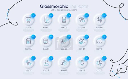 Illustration for Set of Chemistry dna, Headshot and Document line icons for web app. Brand, Mail, Time zone icons. Delegate work, Time management, Documentation signs. Startup, Cloud computing, Marketing. Vector - Royalty Free Image