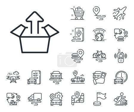 Illustration for Open delivery parcel sign. Plane, supply chain and place location outline icons. Send box line icon. Cargo package symbol. Send box line sign. Taxi transport, rent a bike icon. Travel map. Vector - Royalty Free Image