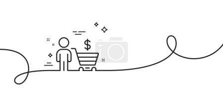 Illustration for Buyer with shopping cart line icon. Continuous one line with curl. Customer sign. Supermarket client symbol. Buyer single outline ribbon. Loop curve pattern. Vector - Royalty Free Image