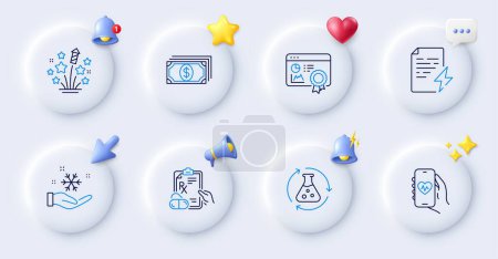 Illustration for Chemistry experiment, Seo certificate and Prescription drugs line icons. Buttons with 3d bell, chat speech, cursor. Pack of Freezing, Power certificate, Fireworks stars icon. Vector - Royalty Free Image