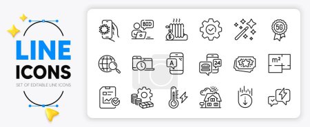 Illustration for Ab testing, 5g technology and Execute line icons set for app include Electricity power, Web search, Lightning bolt outline thin icon. Loyalty points, Time management, Radiator pictogram icon. Vector - Royalty Free Image