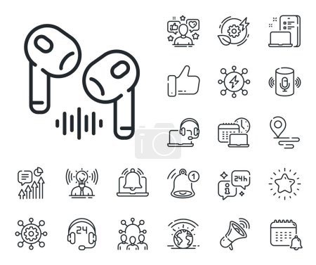 Illustration for Mobile accessories sign. Place location, technology and smart speaker outline icons. Headphone line icon. Earphones or headset symbol. Headphone line sign. Influencer, brand ambassador icon. Vector - Royalty Free Image