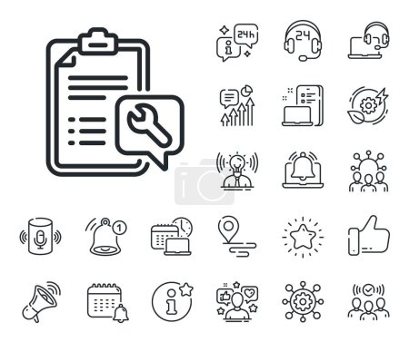 Illustration for Repair service checklist sign. Place location, technology and smart speaker outline icons. Spanner tool line icon. Fix instruments symbol. Spanner line sign. Influencer, brand ambassador icon. Vector - Royalty Free Image