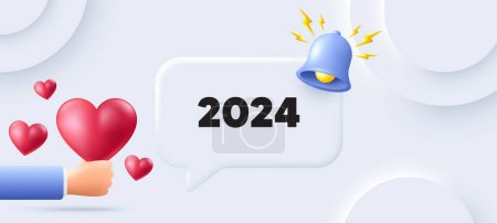2024 year icon. Neumorphic background with speech bubble. Event schedule annual date. 2024 annum planner. 2024 speech message. Banner with 3d hearts. Vector