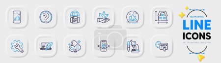 Illustration for Organic product, Customisation and Lotus line icons for web app. Pack of Quick tips, House dimension, Internet documents pictogram icons. Question mark, Graph phone, Copper mineral signs. Vector - Royalty Free Image