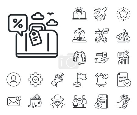 Illustration for Trip discount sign. Salaryman, gender equality and alert bell outline icons. Travel loan percent line icon. Credit percentage symbol. Travel loan line sign. Spy or profile placeholder icon. Vector - Royalty Free Image