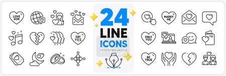 Illustration for Icons set of Dating, Say yes and Friends couple line icons pack for app with World brand, Love, Friends chat thin outline icon. Hold heart, Like button, Love him pictogram. Wedding rings. Vector - Royalty Free Image