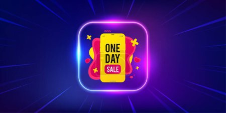 Illustration for One day sale banner. Neon light frame offer banner. Discount sticker shape. Special offer phone icon. One day promo event flyer, poster. Sunburst neon coupon. Flash special deal. Vector - Royalty Free Image