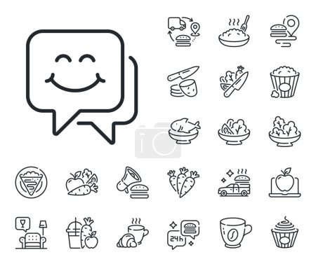 Illustration for Happy emoticon chat sign. Crepe, sweet popcorn and salad outline icons. Smile face line icon. Speech bubble symbol. Smile face line sign. Pasta spaghetti, fresh juice icon. Supply chain. Vector - Royalty Free Image