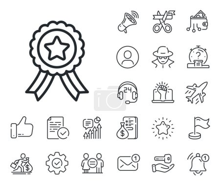 Illustration for Award medal sign. Salaryman, gender equality and alert bell outline icons. Winner ribbon line icon. Best achievement symbol. Winner ribbon line sign. Spy or profile placeholder icon. Vector - Royalty Free Image