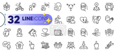 Illustration for Outline set of Face attention, Hospital nurse and Group people line icons for web with Fingerprint access, Leader run, Augmented reality thin icon. Like app, Voice wave. Vector - Royalty Free Image