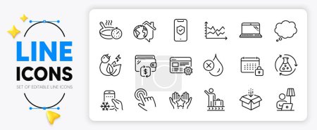 Illustration for Comic message, Wallet and Laptop line icons set for app include Refrigerator app, No waterproof, Get box outline thin icon. Green energy, Ranking, Calendar pictogram icon. Frying pan. Vector - Royalty Free Image