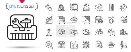 Illustration for Pack of Energy, Strategy and Skyscraper buildings line icons. Include Open door, Floor plan, Co2 gas pictogram icons. Delivery timer, Warning, Framework signs. Open box, Packing boxes, Toolbox. Vector - Royalty Free Image