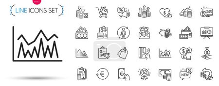 Illustration for Pack of Cash back, Growth chart and Replacement line icons. Include Investment graph, Presentation, Discounts offer pictogram icons. Volunteer, Coins banknote, Checklist signs. Bribe. Vector - Royalty Free Image