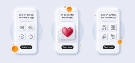 Illustration for Fake review, Euro rate and Website search line icons pack. 3d phone mockups with heart. Glass smartphone screen. Best app, Scroll down, Quiz web icon. Food order, Interview pictogram. Vector - Royalty Free Image