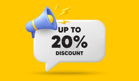 Illustration for Up to 20 percent discount. 3d speech bubble banner with megaphone. Sale offer price sign. Special offer symbol. Save 20 percentages. Discount tag chat speech message. 3d offer talk box. Vector - Royalty Free Image
