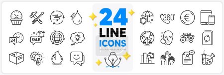 Illustration for Icons set of Hydroelectricity, Face search and Smile face line icons pack for app with Last minute, Voting hands, Tractor thin outline icon. Office box, Hammer tool, Globe pictogram. Vector - Royalty Free Image