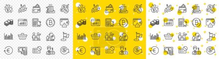 Illustration for Outline Card, Coins banknote and Calculator alarm line icons pack for web with Dollar exchange, Bitcoin, Exchange currency line icon. Bar diagram, Fuel price, Money pictogram icon. Vector - Royalty Free Image