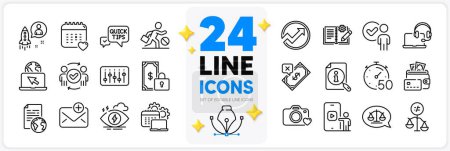 Illustration for Icons set of Stress, Phone video and Internet document line icons pack for app with Timer, Discrimination, Rejected payment thin outline icon. Private payment, Quick tips, New mail pictogram. Vector - Royalty Free Image