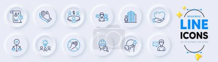 Illustration for People talking, Clapping hands and Volunteer line icons for web app. Pack of Ethics, Person talk, Agent pictogram icons. Meeting, Report, Dont touch signs. Business idea, Medical mask, Inspect. Vector - Royalty Free Image