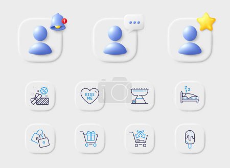 Illustration for Sleep, Locks and Cross sell line icons. Placeholder with 3d star, reminder bell, chat. Pack of Shopping cart, Kiss me, Sale icon. Ice cream, Grill pictogram. For web app, printing. Vector - Royalty Free Image