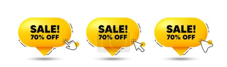 Illustration for Sale 70 percent off discount. Click here buttons. Promotion price offer sign. Retail badge symbol. Sale speech bubble chat message. Talk box infographics. Vector - Royalty Free Image