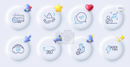 Illustration for Quickstart guide, Music and 3d chart line icons. Buttons with 3d bell, chat speech, cursor. Pack of Attention, Approved, Vr icon. Web call, 360 degrees pictogram. For web app, printing. Vector - Royalty Free Image