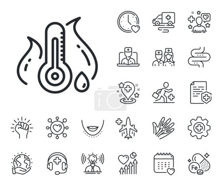 Illustration for Thermometer sign. Online doctor, patient and medicine outline icons. Fever temperature line icon. Sick illness symbol. Fever temperature line sign. Veins, nerves and cosmetic procedure icon. Vector - Royalty Free Image