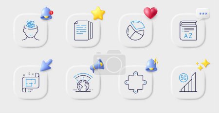 Illustration for Architectural plan, Pie chart and Copy documents line icons. Buttons with 3d bell, chat speech, cursor. Pack of Anxiety, 5g wifi, Puzzle icon. Greenhouse, Vocabulary pictogram. Vector - Royalty Free Image