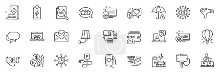 Illustration for Icons pack as Charging station, Online delivery and Charging parking line icons for app include Medical analytics, 360 degree, Risk management outline thin icon web set. Hair dryer. Vector - Royalty Free Image
