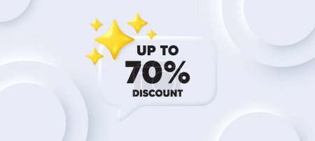 Illustration for Up to 70 percent discount. Neumorphic background with chat speech bubble. Sale offer price sign. Special offer symbol. Save 70 percentages. Discount tag speech message. Banner with 3d stars. Vector - Royalty Free Image