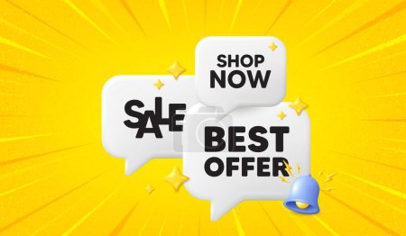 Illustration for Best offer tag. 3d offer chat speech bubbles. Special price Sale sign. Advertising Discounts symbol. Best offer speech bubble 3d message. Talk box banner with bell. Vector - Royalty Free Image