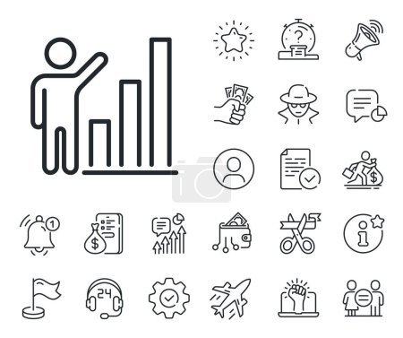 Illustration for Column chart sign. Salaryman, gender equality and alert bell outline icons. Graph line icon. Growth diagram symbol. Graph chart line sign. Spy or profile placeholder icon. Vector - Royalty Free Image