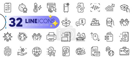 Illustration for Outline set of World mail, Wholesale goods and Hold box line icons for web with Qr code, Get box, Refrigerator thin icon. Cvv code, Hdd, Demand curve pictogram icon. Smartphone holding. Vector - Royalty Free Image