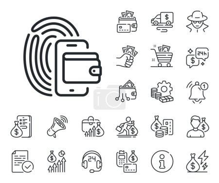 Illustration for Money purse sign. Cash money, loan and mortgage outline icons. Wallet line icon. Fingerprint cash symbol. Wallet line sign. Credit card, crypto wallet icon. Inflation, job salary. Vector - Royalty Free Image