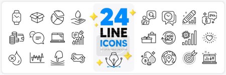 Illustration for Icons set of Heart, Clock and Laptop line icons pack for app with Refresh mail, Smartwatch, Target purpose thin outline icon. Kpi, Water care, Coronavirus statistics pictogram. Inspect. Vector - Royalty Free Image