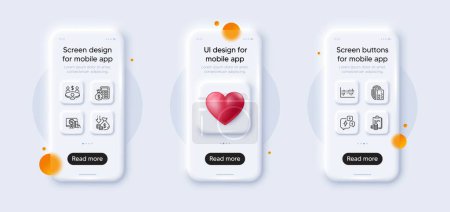 Illustration for Accounting, Online shopping and Meeting line icons pack. 3d phone mockups with heart. Glass smartphone screen. Card, Stress, Column diagram web icon. Finance calculator, Deflation pictogram. Vector - Royalty Free Image